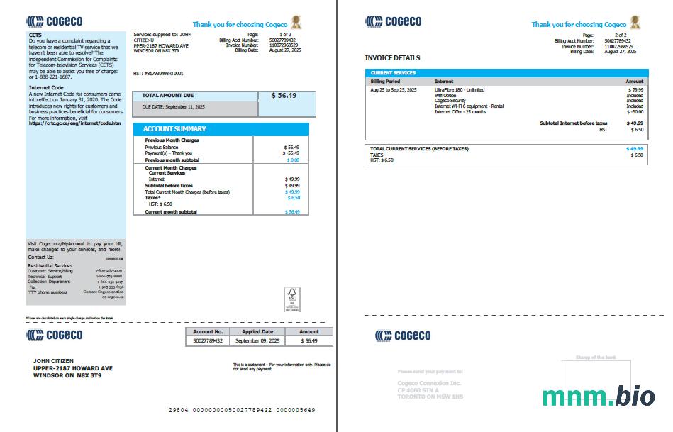 Szablon rachunku za media Canada Cogeco w formatach Word i PDF, 2 strony